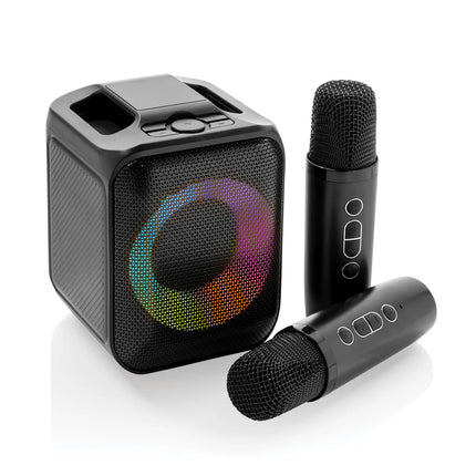 XD Collection Singvibe RCS recycled plastic karaoke set with double microphone for home audio entertainment.