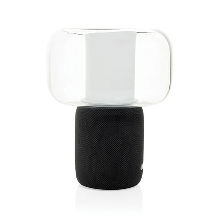  showing a sleek black audio lamp with integrated speaker and modern design.