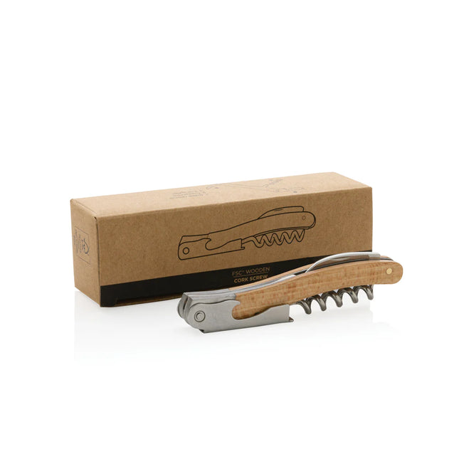  with a natural wood handle and metal spiral for opening wine bottles.