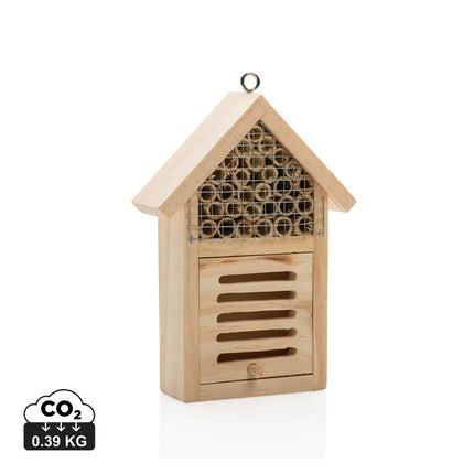 Small insect hotel from XD Collection featuring wooden compartments and natural materials for garden insect nesting.