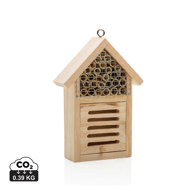 Small insect hotel from XD Collection featuring wooden compartments and natural materials for garden insect nesting.
