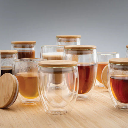 Set of two 250ml double wall borosilicate glass drinkware with bamboo lids by XD Collection