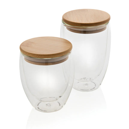 Set of two 350ml double wall borosilicate glass drinkware with bamboo lids by XD Collection