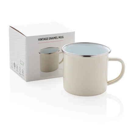 Vintage enamel mug from XD Collection with a classic white and blue design