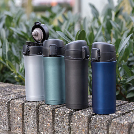 durable drinkware with secure lid and sleek metallic finish.