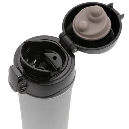  a durable drinkware with secure lid and sleek metallic finish.