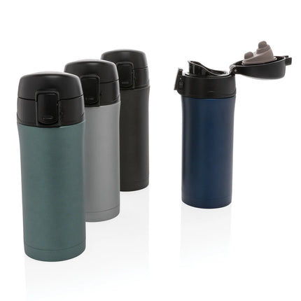  a sleek drinkware with secure lid and insulated design for hot or cold beverages.