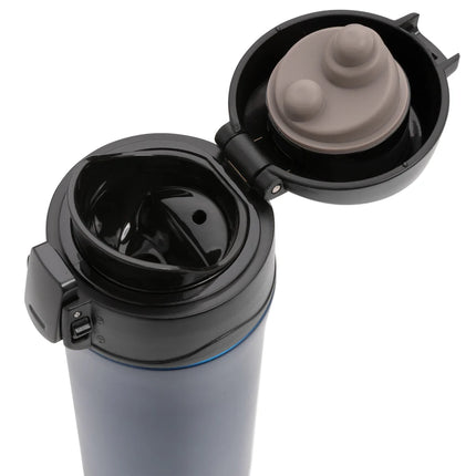  a sleek drinkware item with a secure locking lid and stainless steel finish.
