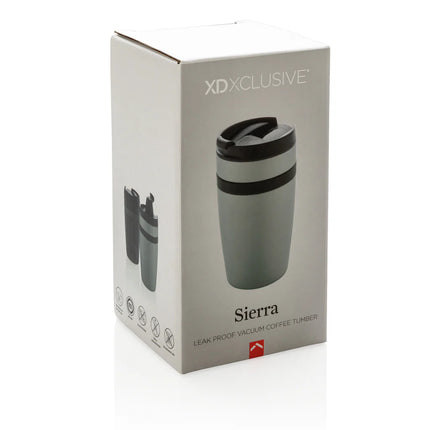 XD Xclusive Sierra leak-proof vacuum coffee tumbler in stainless steel with a sleek