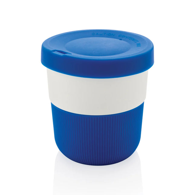  with a clear plastic lid and brown sleeve.