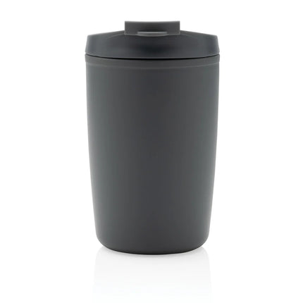 eco-friendly drinkware showing the tumbler with lid open and recyclable material.
