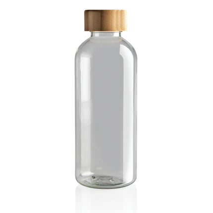  clear bottle showing water inside with bamboo cap.