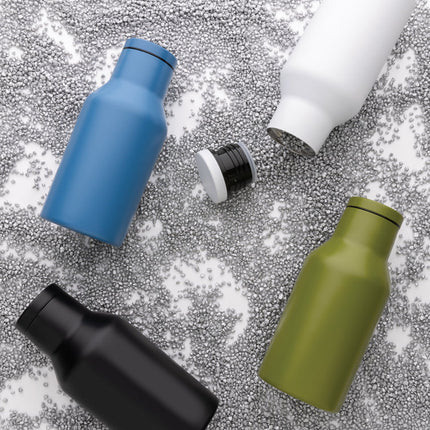 Recycled stainless steel compact water bottle from XD Collection's RCS Recycled drinkware line