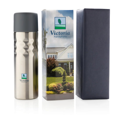  a sleek stainless steel drinkware bottle with a modern design and secure lid.