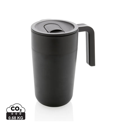 Reusable GRS Recycled polypropylene and stainless steel mug with handle from XD Collection for eco-friendly drinkware.