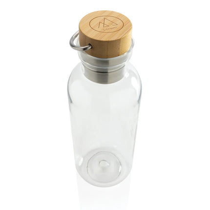  eco-friendly drinkware in clear design with a bamboo-accented lid and handle.