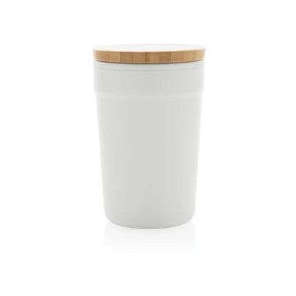  showing the mug's eco-conscious design and natural bamboo lid.