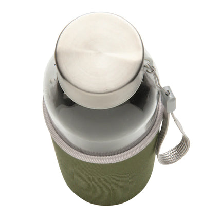  showing the sleek glass container with protective sleeve.