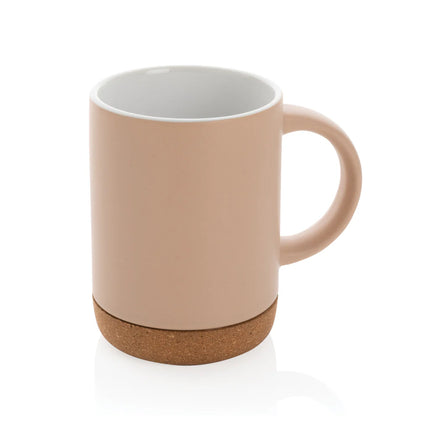  showing the mug's white ceramic body and cork bottom.