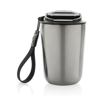  stainless steel drinkware with a lid and attached lanyard for portability.