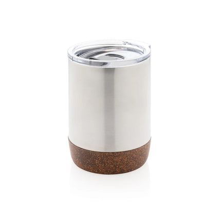  showcasing stainless steel body with cork accent and lid.