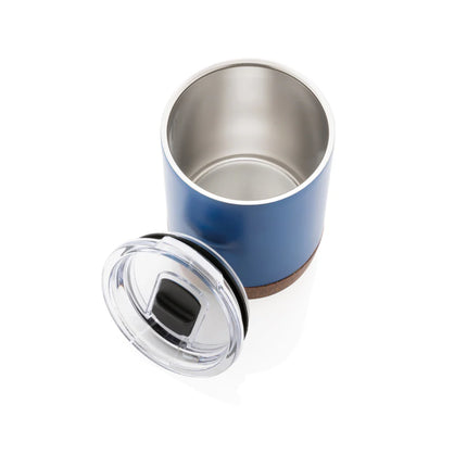 showcasing sleek drinkware with a cork lid and stainless steel body.