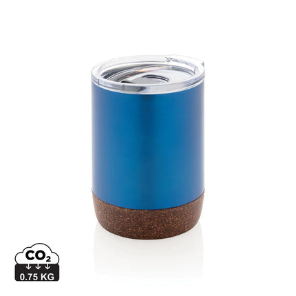  featuring stainless steel body and cork lid for hot beverage insulation.