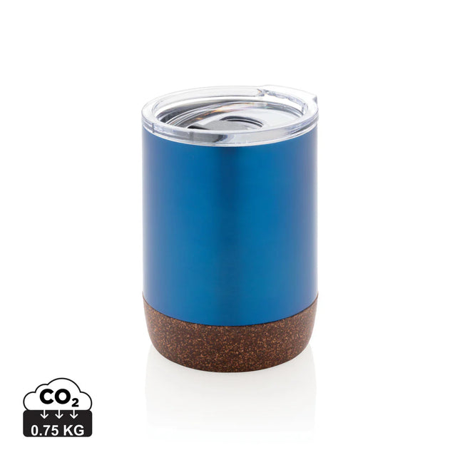  featuring stainless steel body and cork lid for hot beverage insulation.