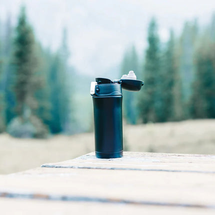 Recycled stainless steel XD Collection RCS easy lock vacuum mug in black with a secure lid for travel and hot or cold drinks.