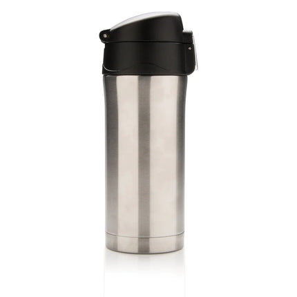 Recycled stainless steel XD Collection RCS easy lock vacuum mug in black with a sleek drinkware design on a white background.