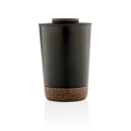  drinkware with insulated stainless steel body and cork lid.