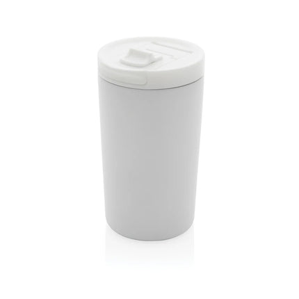  showing sleek stainless steel drinkware with lid.