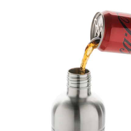 XD Xclusive Soda RCS certified re-steel carbonated drinking bottle in sleek stainless steel with a black lid and ergonomic design.
