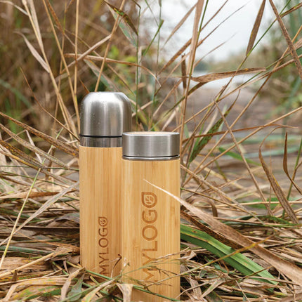  stylish drinkware with insulated stainless steel body and bamboo lid.