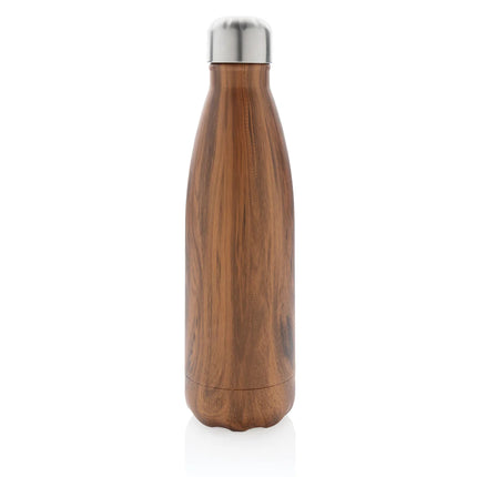 Stainless steel vacuum-insulated water bottle with wood print design