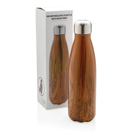 Stainless steel vacuum insulated water bottle with wood print design from XD Collection