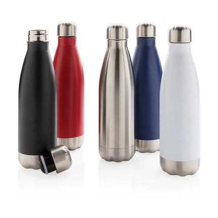  silver stainless steel bottle with a screw-on lid.