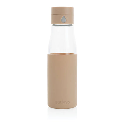 Ukiyo glass hydration tracking water bottle with sleeve