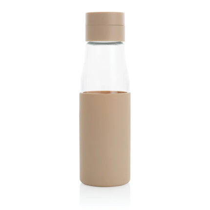  clear glass with measurement markings and protective sleeve for drinking.