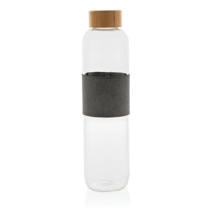  featuring a clear glass body and natural bamboo cap.