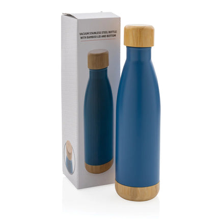 Stainless steel vacuum drinkware bottle with bamboo lid and bottom by XD Collection