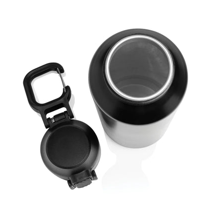 XD Collection Via RCS Re-steel lockable sport bottle 600ML in black with a secure lid and ergonomic design for active hydration.