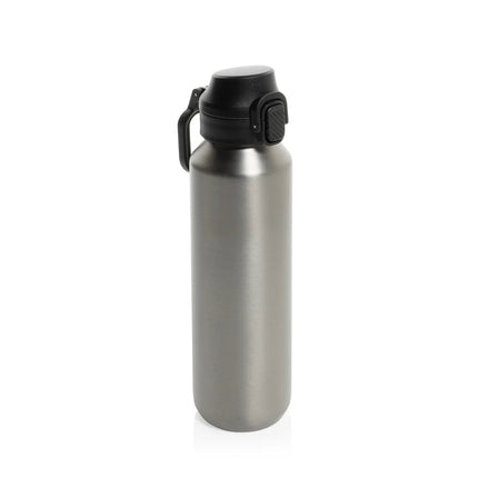 XD Collection Via RCS Re-steel lockable sport bottle 600ML in stainless steel with a black screw-on lid and ergonomic design.