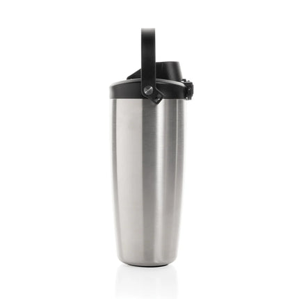 Avira Ayala RCS re-steel duosip lockable crossbody tumbler in silver with a black lid and strap for portable drinkware.