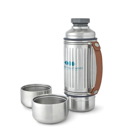 Black + Blum Explorer Flask Duo 1L drinkware set with two black stainless steel flasks and secure screw-top lids.