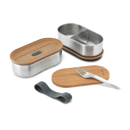 Black + Blum stainless steel double bento box with separate compartments for lunch or meal prep.
