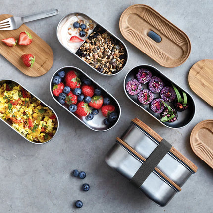 Stainless steel Double Bento Box by Black + Blum with two compartments for home & living meal storage
