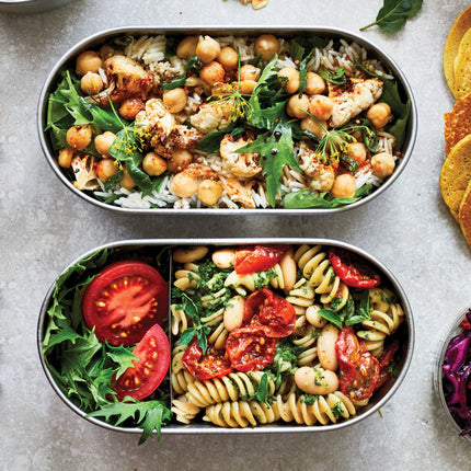 Stainless steel double bento box by Black + Blum with two compartments for home lunch storage