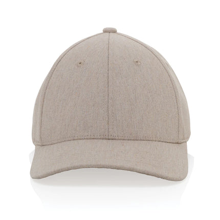 XD Collection Milo recycled heather 6-panel cap in gray with structured headwear design and adjustable strap.