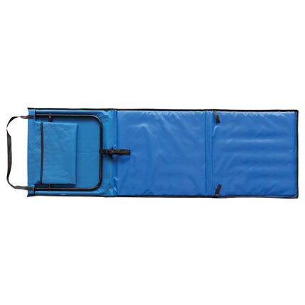  portable chair with adjustable backrest on sandy surface.